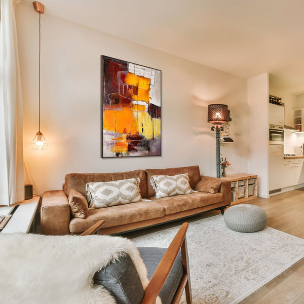 The painting "Flashes Inside" is a vertical abstraction in warm colors