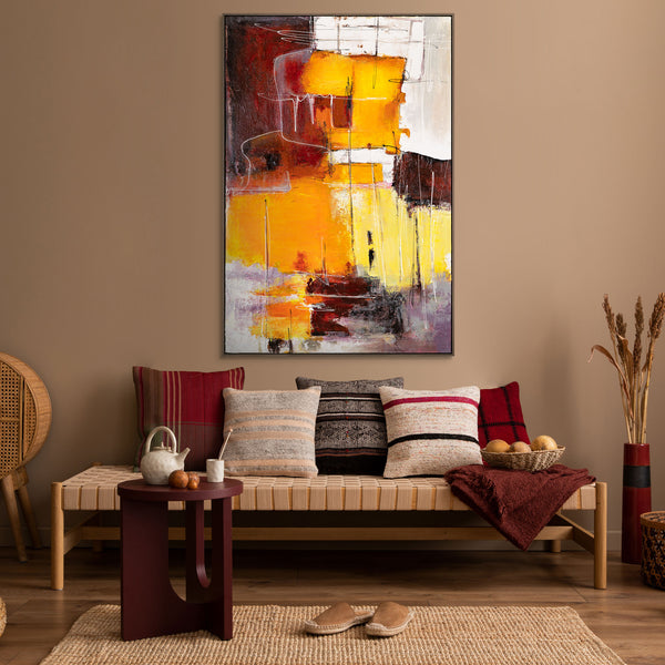The painting "Flashes Inside" is a vertical abstraction in warm colors