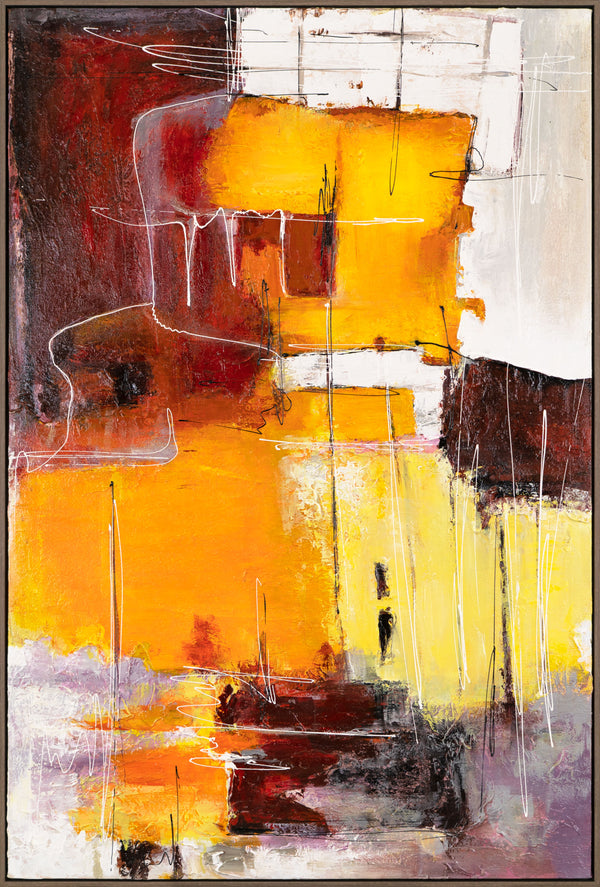 The painting "Flashes Inside" is a vertical abstraction in warm colors