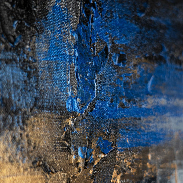 The painting "Cold Depth" is a vertical abstraction with gray, beige and blue shades