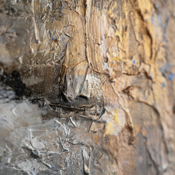 The painting "Cold Depth" is a vertical abstraction with gray, beige and blue shades