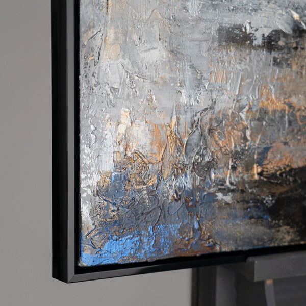 The painting "Cold Depth" is a vertical abstraction with gray, beige and blue shades