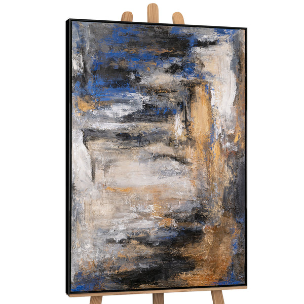 The painting "Cold Depth" is a vertical abstraction with gray, beige and blue shades
