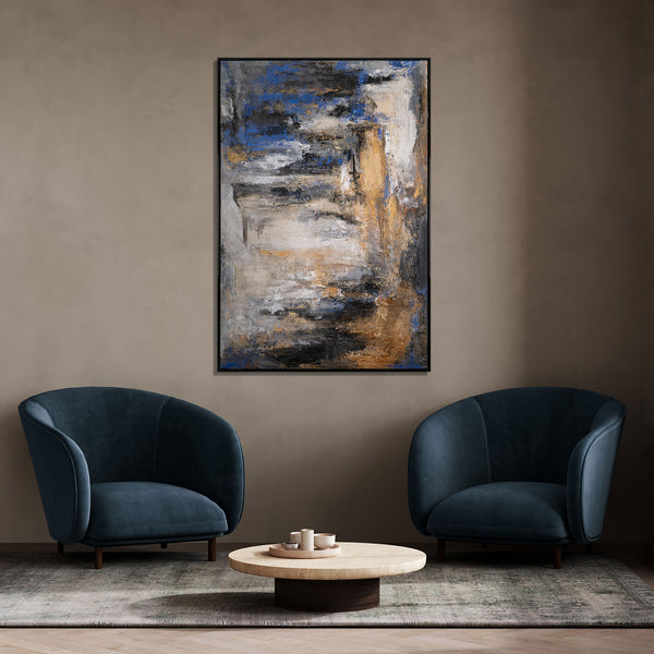 The painting "Cold Depth" is a vertical abstraction with gray, beige and blue shades