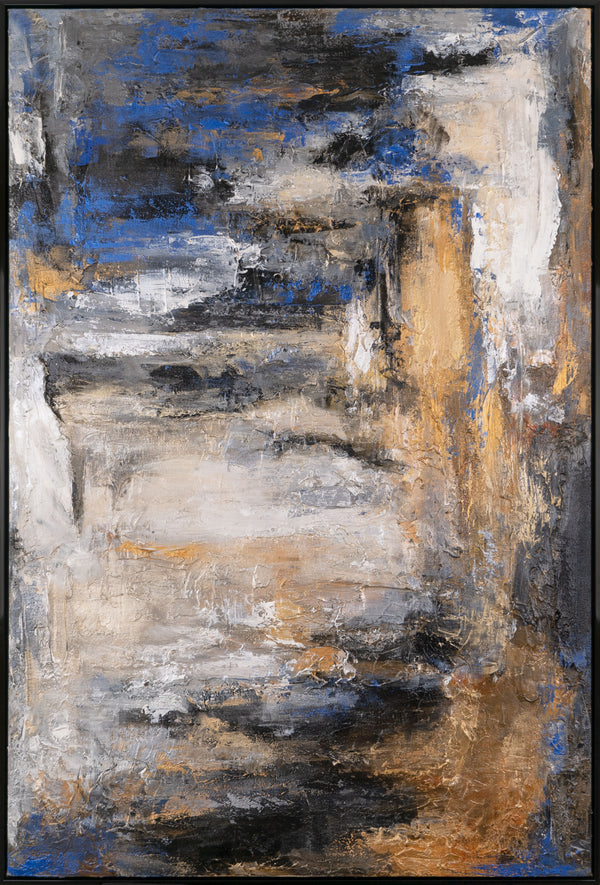 The painting "Cold Depth" is a vertical abstraction with gray, beige and blue shades
