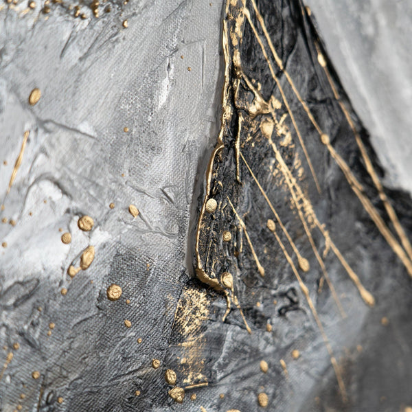 The painting "Pulse of the Earth" is a horizontal abstraction with graphite and gold shades