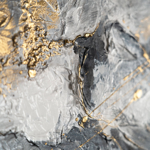 The painting "Pulse of the Earth" is a horizontal abstraction with graphite and gold shades