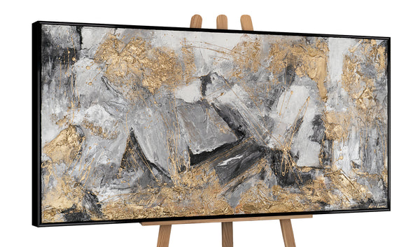 The painting "Pulse of the Earth" is a horizontal abstraction with graphite and gold shades