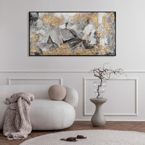 The painting "Pulse of the Earth" is a horizontal abstraction with graphite and gold shades