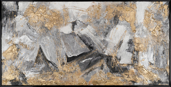 The painting "Pulse of the Earth" is a horizontal abstraction with graphite and gold shades