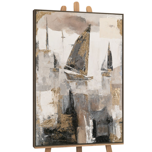 The painting "Sails of Calm" is a vertical marine abstraction in warm tones.