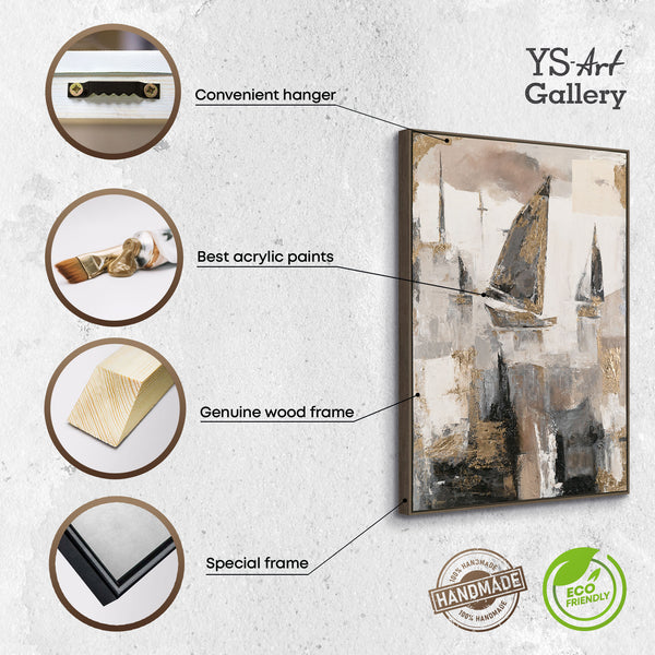 The painting "Sails of Calm" is a vertical marine abstraction in warm tones.