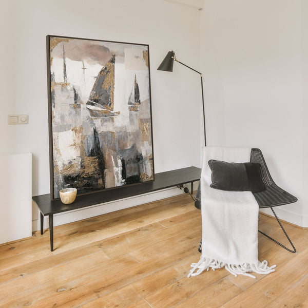 The painting "Sails of Calm" is a vertical marine abstraction in warm tones.