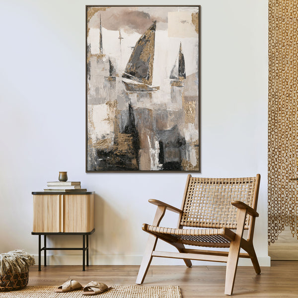 The painting "Sails of Calm" is a vertical marine abstraction in warm tones.