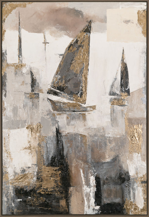 The painting "Sails of Calm" is a vertical marine abstraction in warm tones.