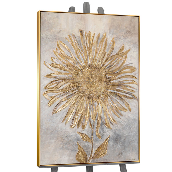 Painting "Sunflower" - vertical textural floristry in gold
