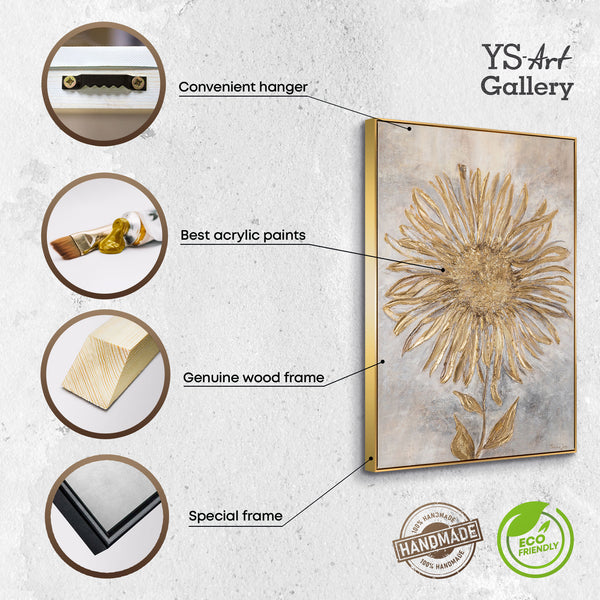 Painting "Sunflower" - vertical textural floristry in gold