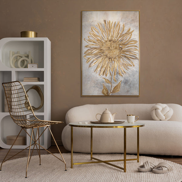 Painting "Sunflower" - vertical textural floristry in gold