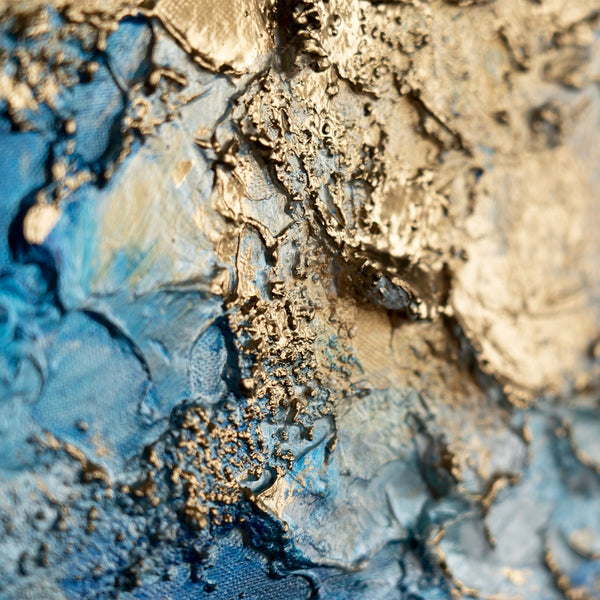 The painting "Blue River" is a horizontal abstraction with deep shades