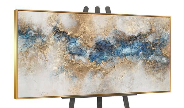 The painting "Blue River" is a horizontal abstraction with deep shades