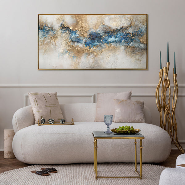 The painting "Blue River" is a horizontal abstraction with deep shades