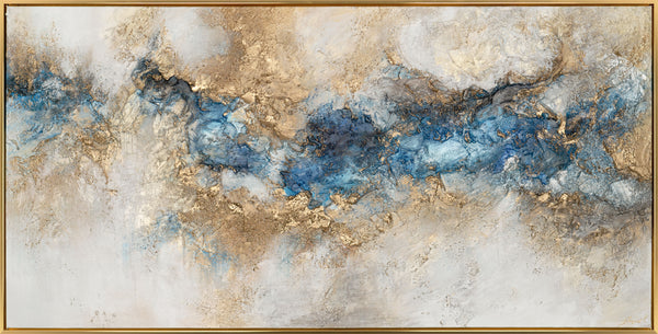 The painting "Blue River" is a horizontal abstraction with deep shades