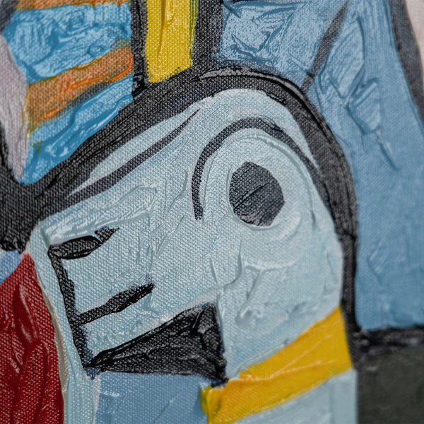 The painting "Mosaic of Feelings" is a horizontal abstraction in the style of Cubism