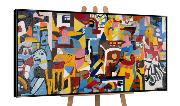 The painting "Mosaic of Feelings" is a horizontal abstraction in the style of Cubism