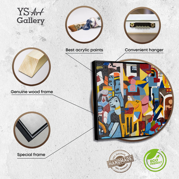 The painting "Mosaic of Feelings" is a horizontal abstraction in the style of Cubism