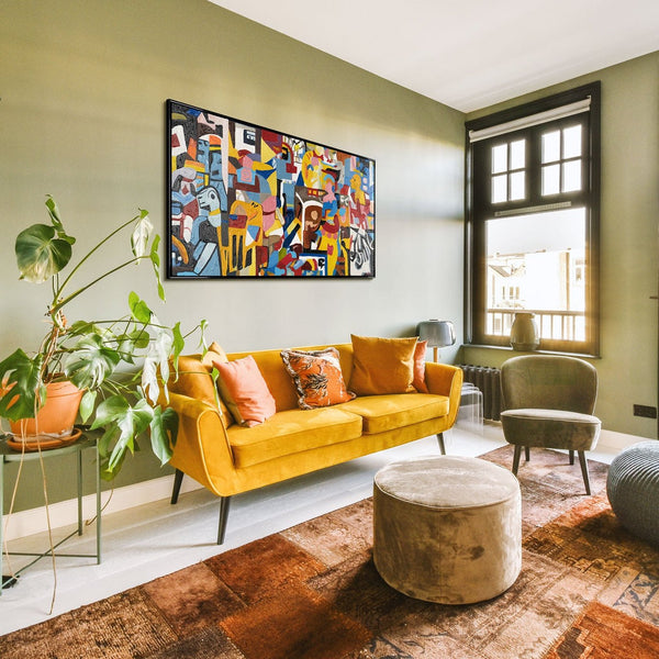 The painting "Mosaic of Feelings" is a horizontal abstraction in the style of Cubism