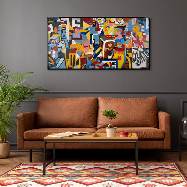 The painting "Mosaic of Feelings" is a horizontal abstraction in the style of Cubism