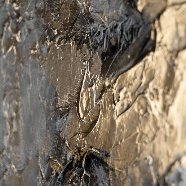 The painting "Breath of Stone" is a vertical abstraction in gray-gold tones.