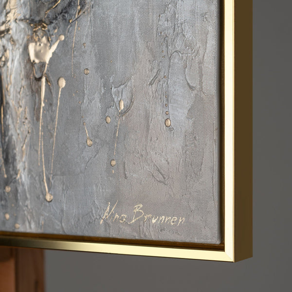 The painting "Breath of Stone" is a vertical abstraction in gray-gold tones.