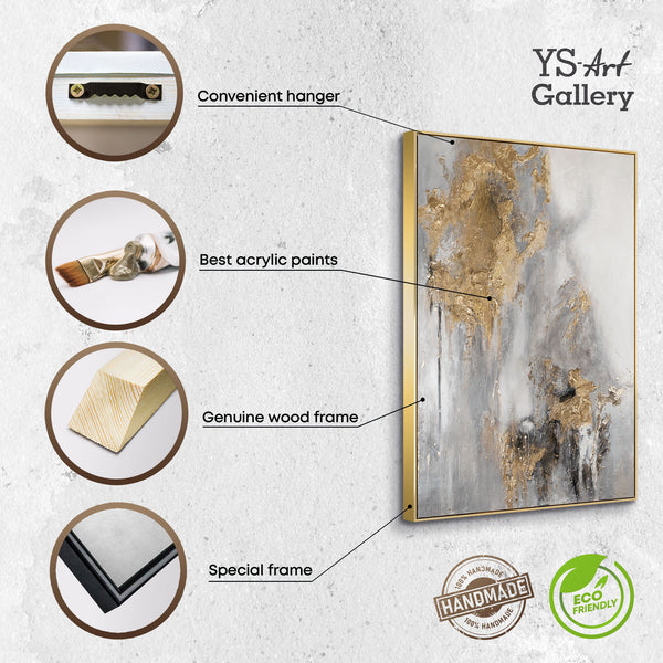The painting "Breath of Stone" is a vertical abstraction in gray-gold tones.