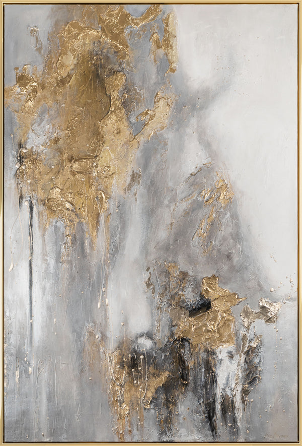 The painting "Breath of Stone" is a vertical abstraction in gray-gold tones.
