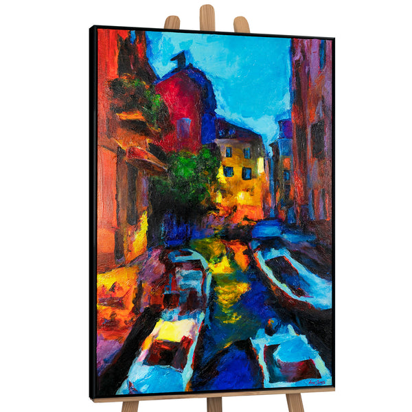 The painting "Evening in Venice" is a vertical cityscape with a water canal