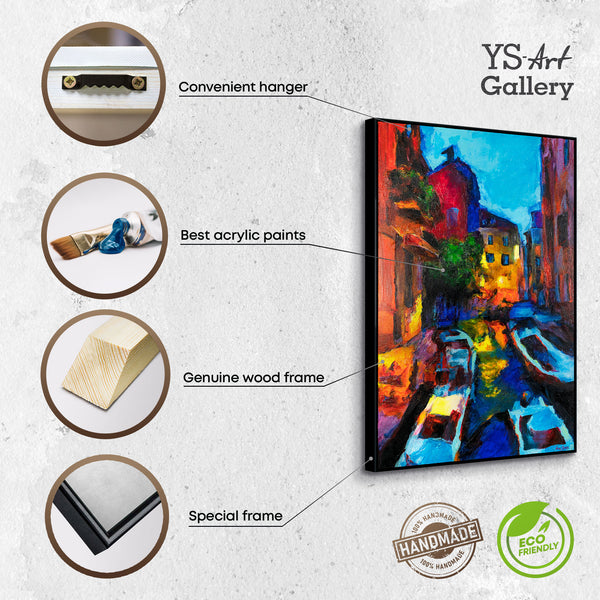 The painting "Evening in Venice" is a vertical cityscape with a water canal