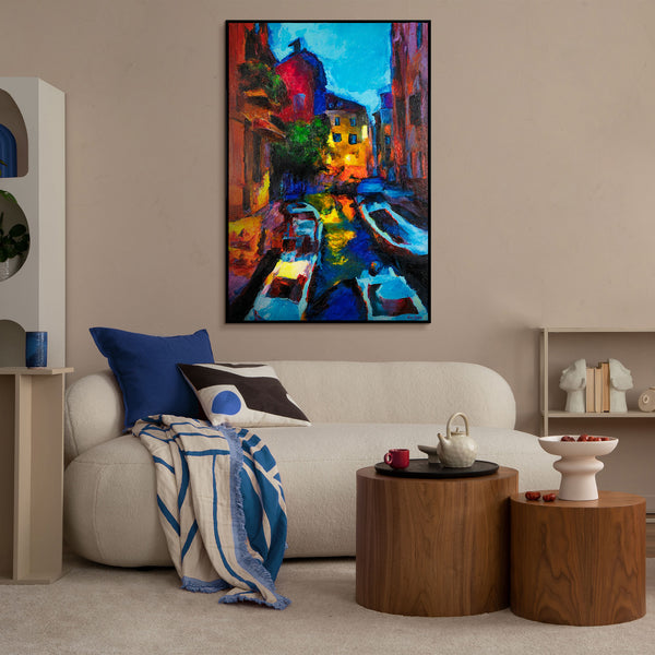 The painting "Evening in Venice" is a vertical cityscape with a water canal