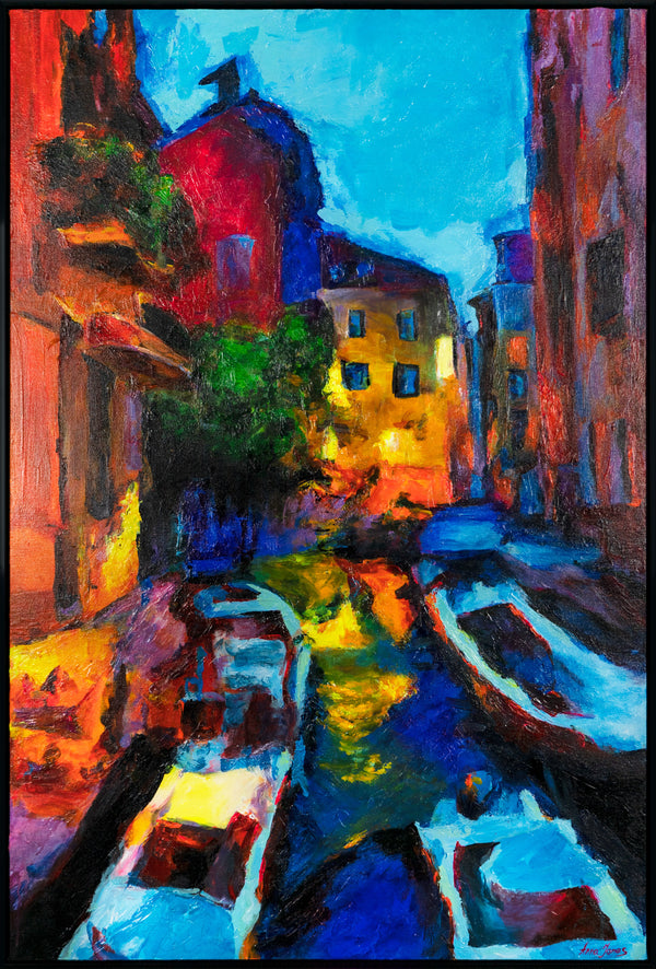 The painting "Evening in Venice" is a vertical cityscape with a water canal