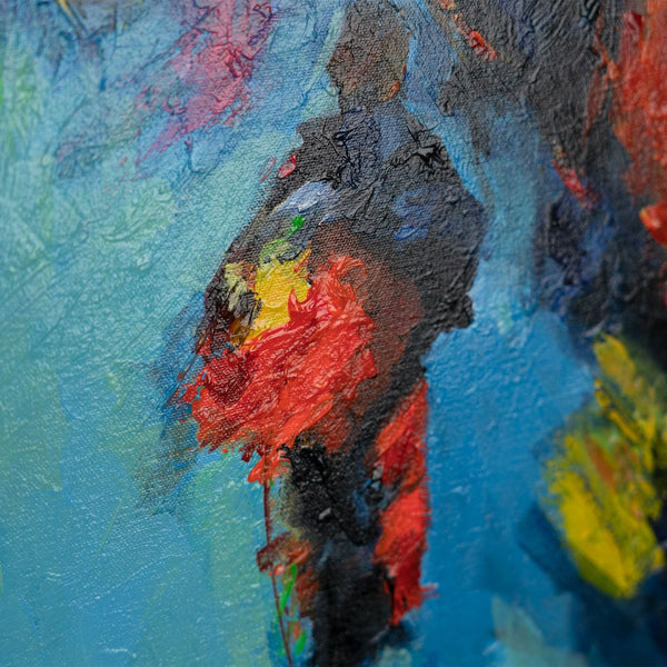 The painting "A Walk in the City" is a vertical scene with an evening mood.