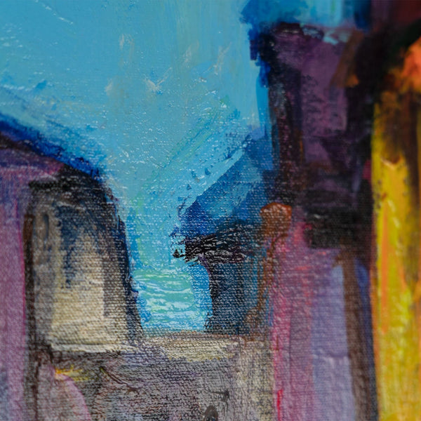 The painting "A Walk in the City" is a vertical scene with an evening mood.