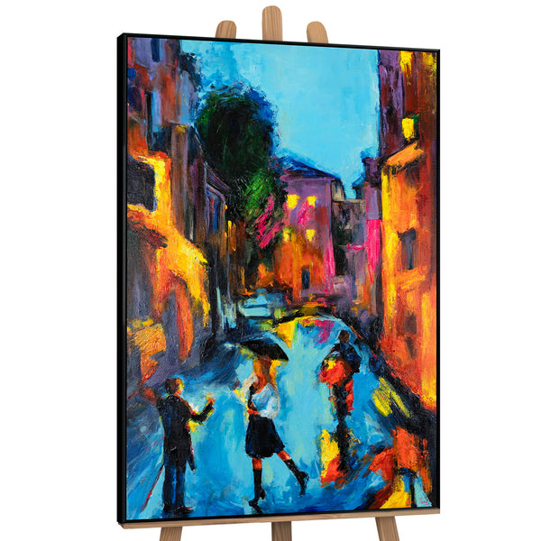 The painting "A Walk in the City" is a vertical scene with an evening mood.