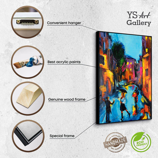 The painting "A Walk in the City" is a vertical scene with an evening mood.