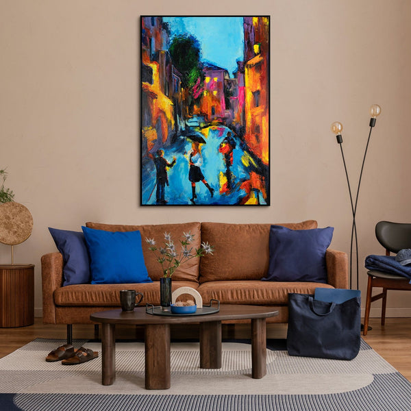 The painting "A Walk in the City" is a vertical scene with an evening mood.