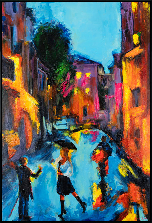 The painting "A Walk in the City" is a vertical scene with an evening mood.