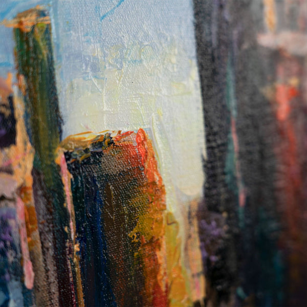 The painting "Shining of the City" is a vertical abstraction with urban motifs