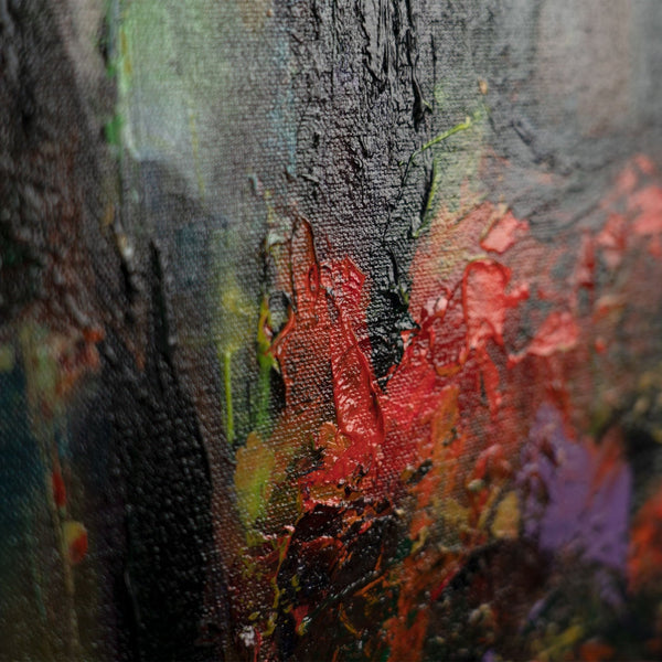 The painting "Shining of the City" is a vertical abstraction with urban motifs
