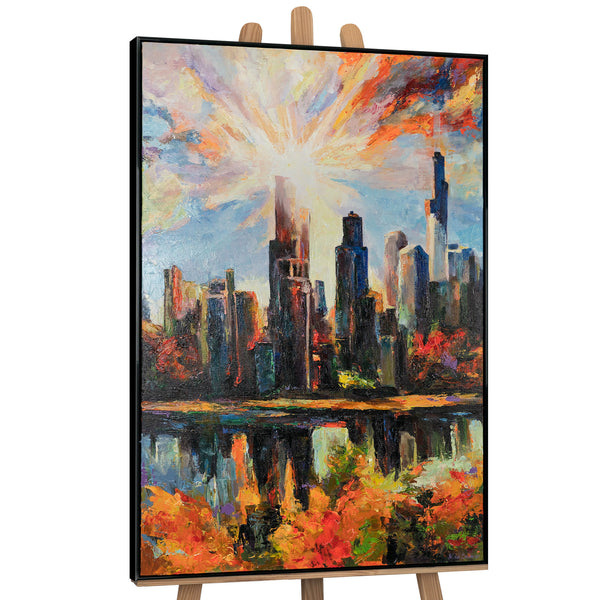 The painting "Shining of the City" is a vertical abstraction with urban motifs
