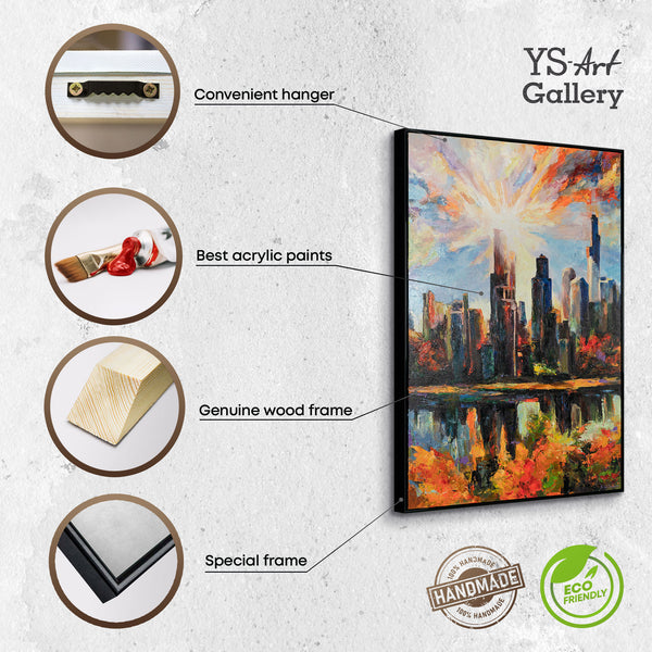 The painting "Shining of the City" is a vertical abstraction with urban motifs