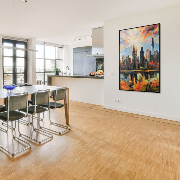 The painting "Shining of the City" is a vertical abstraction with urban motifs